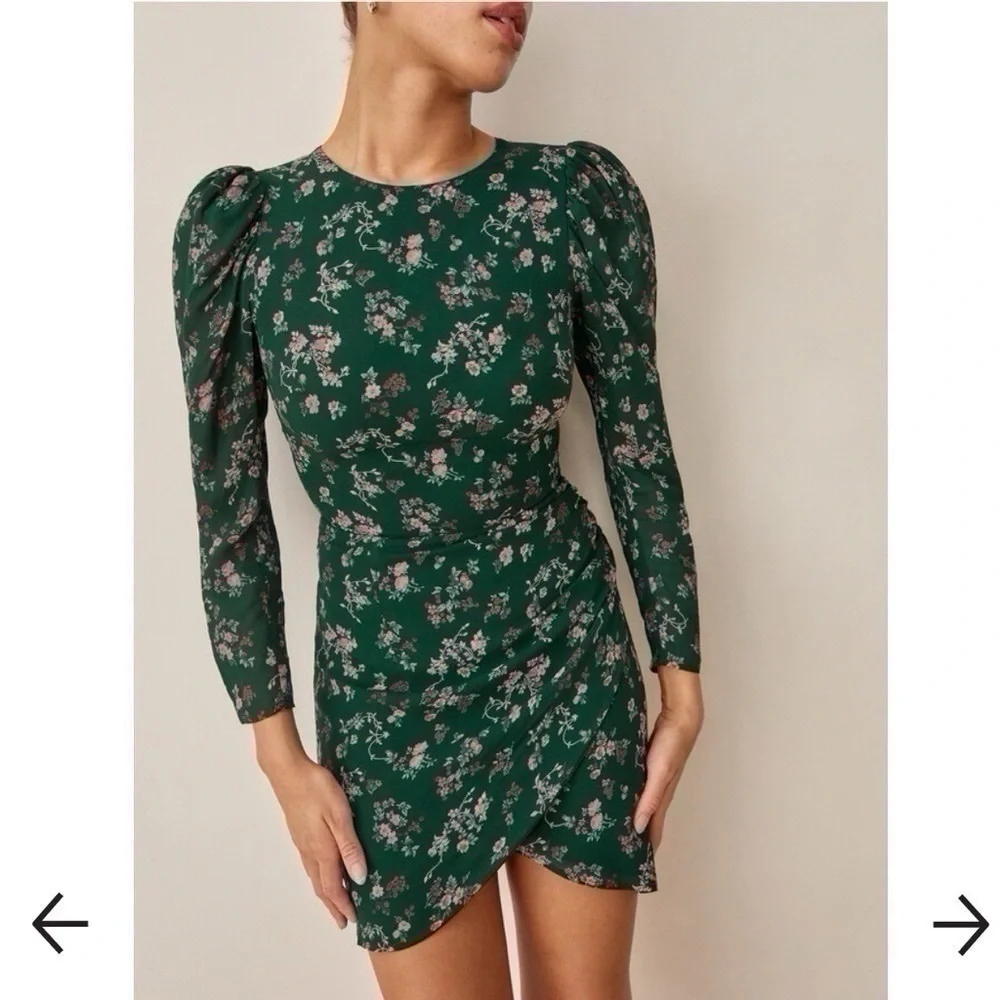 NEW Reformation Juni Floral Puff Sleeve Dress Green - Picture 7 of 15